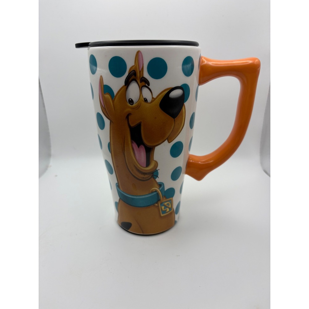 Scooby-Doo Ceramic Travel Mug Polka Dot Hanna-Barbera 2014 Orange Handle Lid